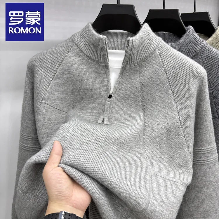 罗蒙2025冬季男士立领半拉链针织衫时尚拼接百搭打底衫保暖毛衣男
