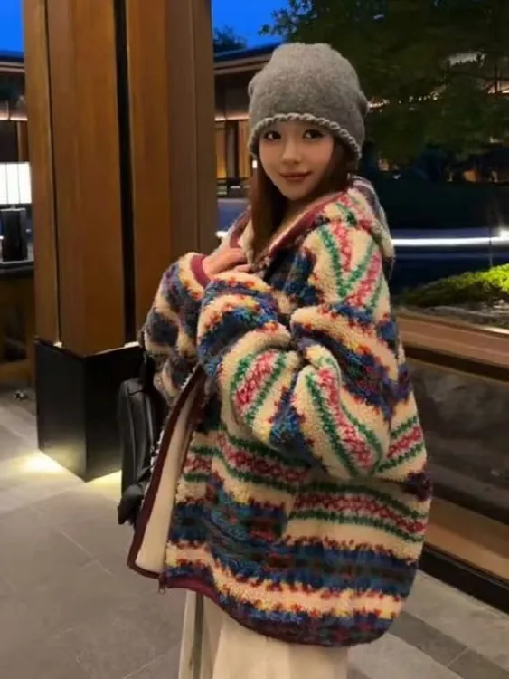 彩色费尔岛提花连帽仿羊羔毛外套女冬季加厚摇粒绒慵懒风保暖上衣