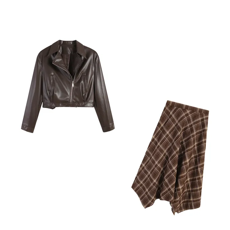 五季家咖色上衣皮衣+长半裙格子裙两件套大码女装思思ZL110434