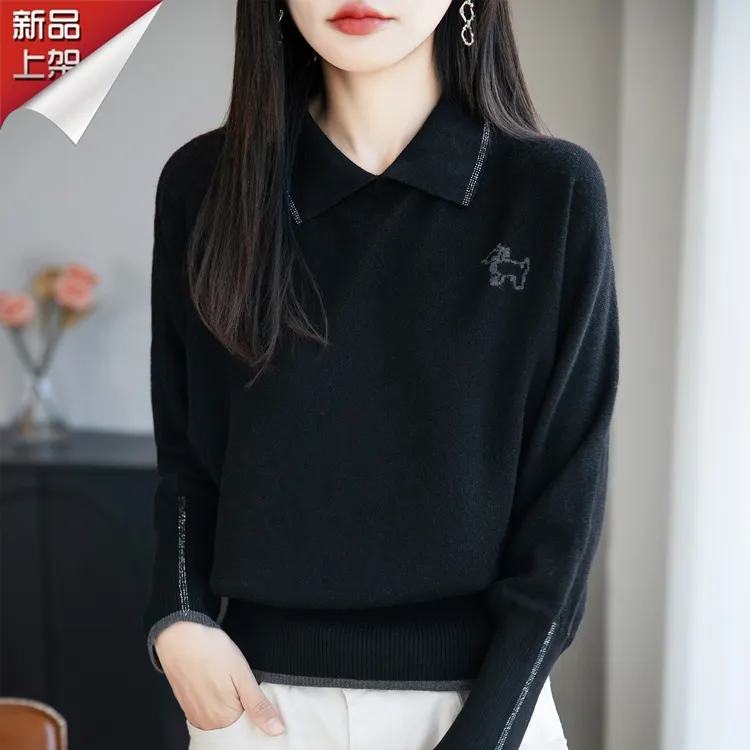 哥弟阿玛施正品秋季烫钻翻领轻奢风针织衫设计感洋气百搭亲肤上衣