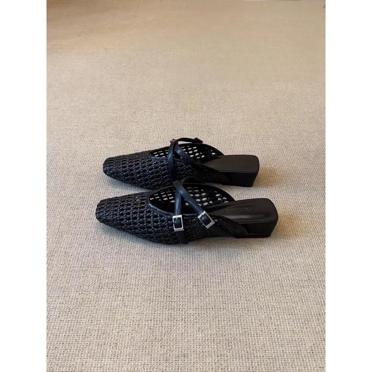舒适版~法式外穿镂空编织小方头一脚蹬半拖低跟夏季百搭包头凉鞋