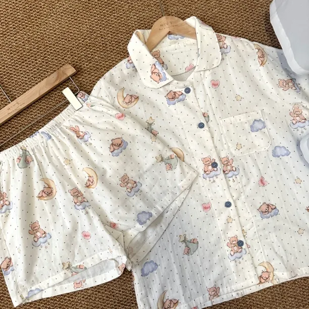 睡个好觉 波点熊 25夏季A类全棉双层纱家居睡衣套装短袖+短裤柔软