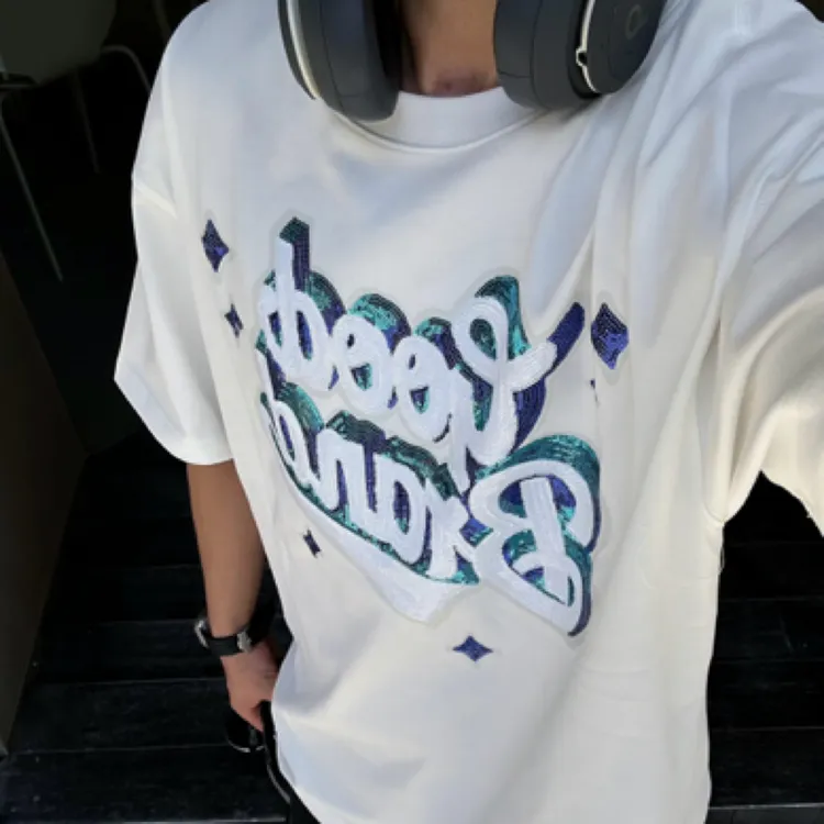 GOOD字母星星亮片印花轻奢美式时尚高级感短袖t恤男女情侣潮流牌