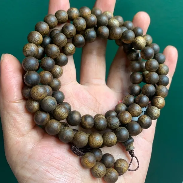 沉香0.9圆珠108颗44克加老料海南莺歌绿奇楠圆珠手串沉香手链