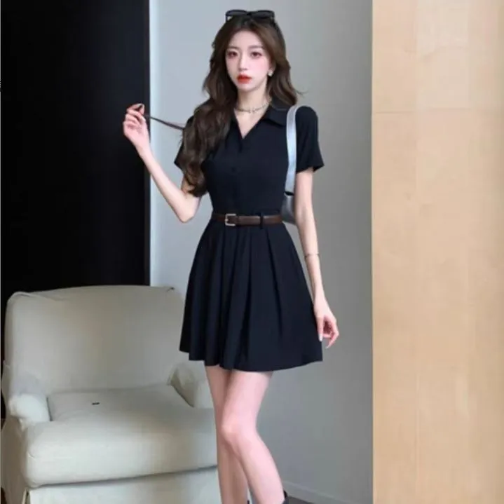 辣妹翻领百褶短裙春性感气质纯色显瘦包臀修身连衣裙配腰带1738