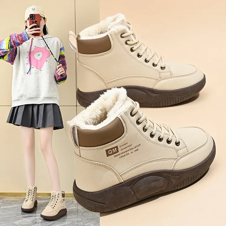 冬季加绒高帮鞋子女百搭ins韩版厚底加厚保暖棉鞋板鞋时尚短靴