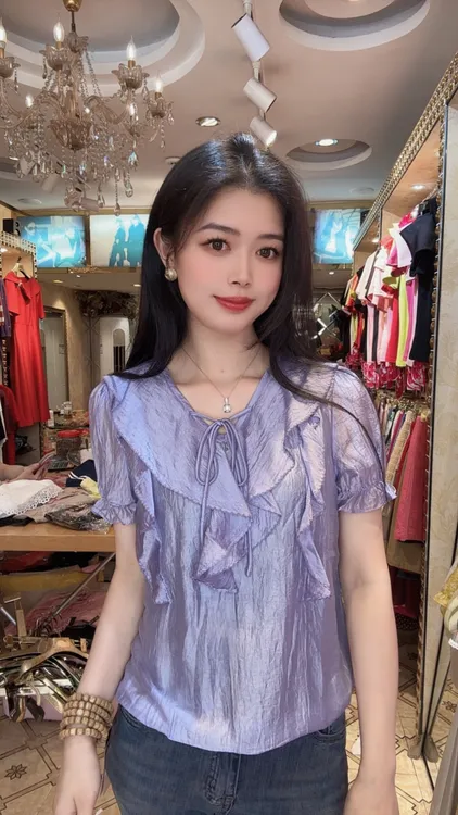 时尚百搭紫色荷叶领气质上衣夏季新款