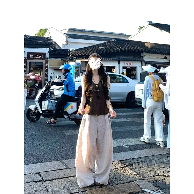 天丝亚麻花朵背心夏日女上衣+慵懒感弯刀阔腿裤两件套 21837#