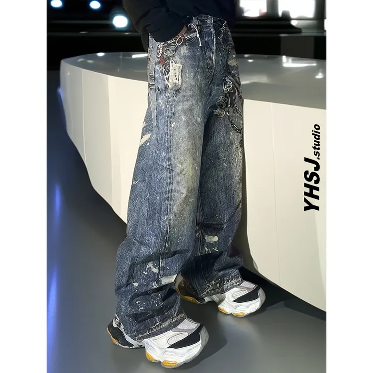 YHSJ巴黎高街个性时尚3D墨染印花锈迹牛仔裤潮流垂坠感阔腿裤新款
