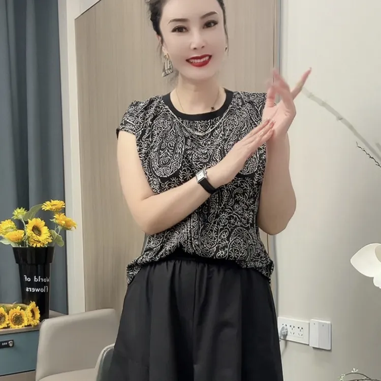 100套装-轻奢圆领上衣休闲七分阔腿裤套装(上衣+裤子)夏季宽松