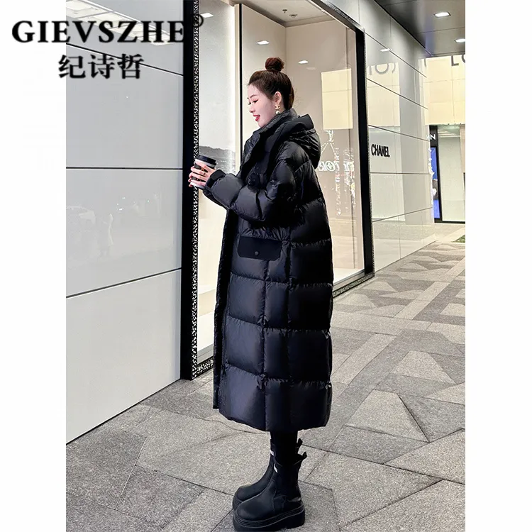 纪诗哲黑金款鹅绒羽绒服女2025冬季新款时尚连帽加厚中长款外套女