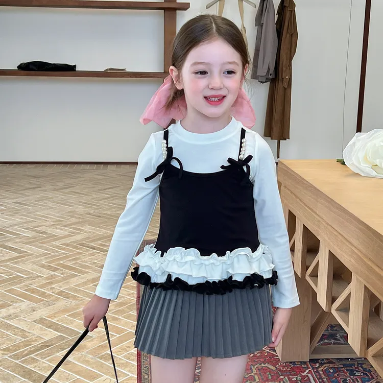 栀了成长记童装女童假两件长袖T恤秋季新款儿童女宝时髦百搭上衣