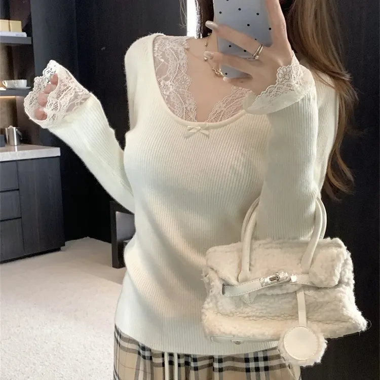 纯欲风蕾丝拼接设计感针织衫修身显瘦显气质百搭打底上衣#3010