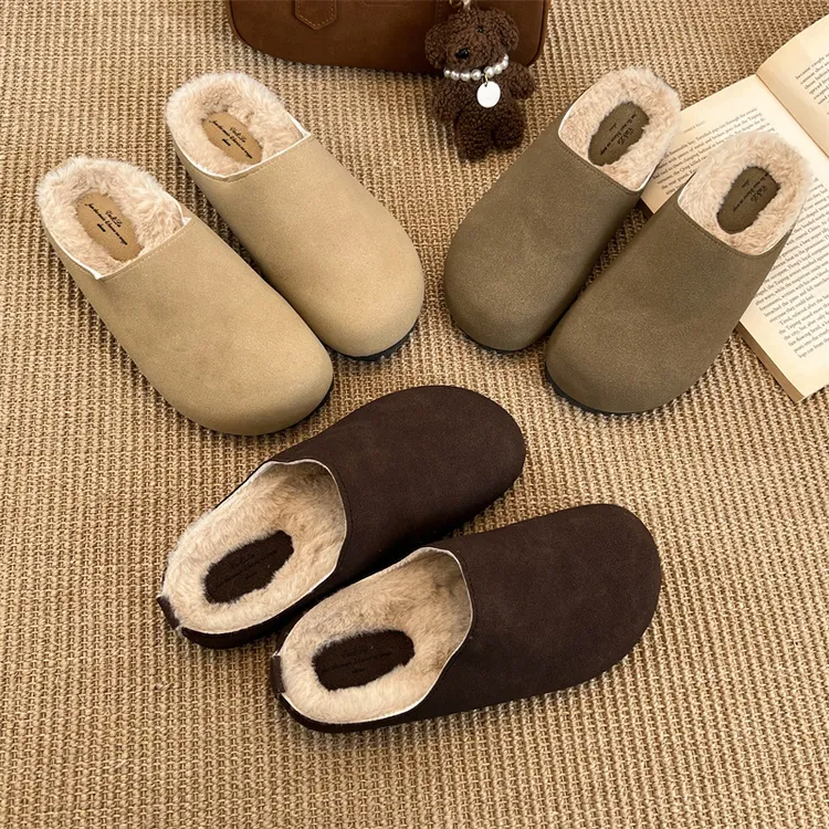 厚底一脚蹬勃肯鞋子包头半拖鞋女冬季加绒外穿2025新款保暖棉拖鞋