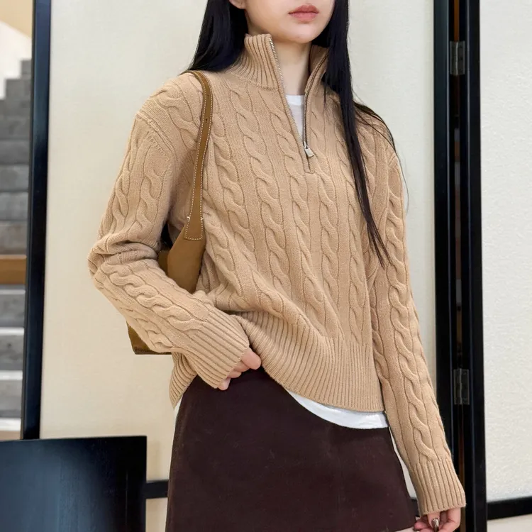 euri100绵羊毛丨全身绞花半拉链羊毛针织衫毛衣-MY6538