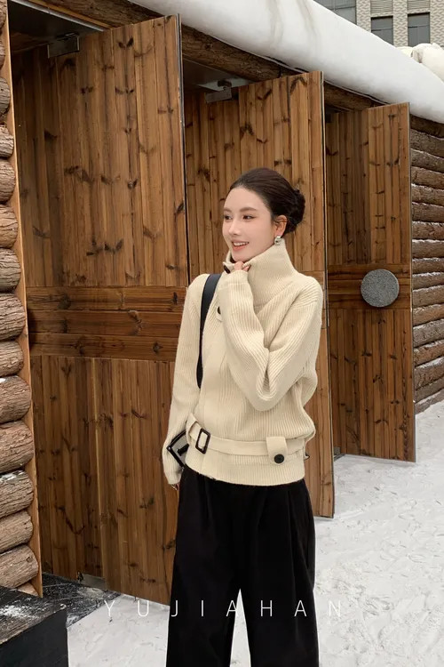 YUJIAHAN-「暖冬絮语」收腰显瘦针织开衫立领粗针秋冬毛衣外套厚款