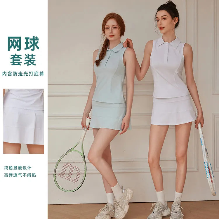 lulu新款无袖网球裙运动套装高尔夫瑜伽短裙夏季双口袋裙裤两件套