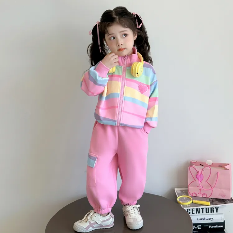 女童秋季条纹套装2025新款儿童爱心棒球服春秋装女宝宝运动两件套