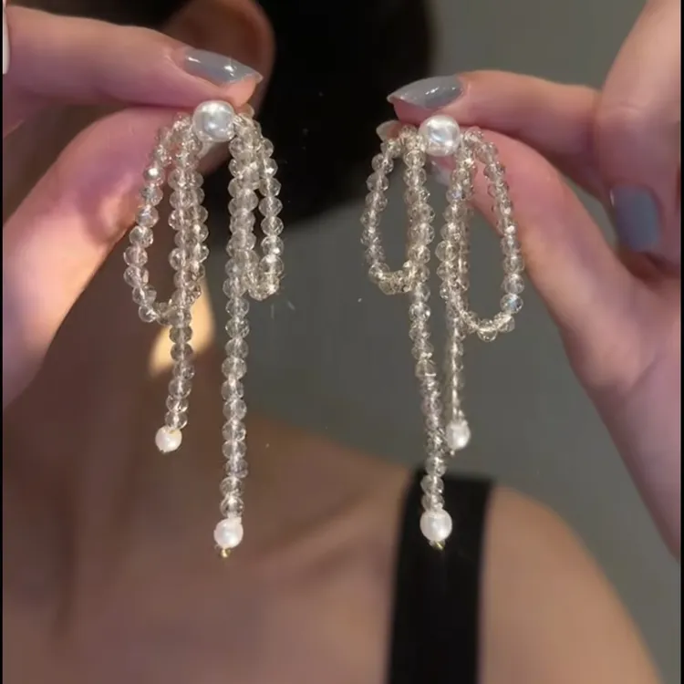 铜合金仿水晶耳饰 韩版流苏耳环高级感轻奢甜美蝴蝶结仙气耳钉女