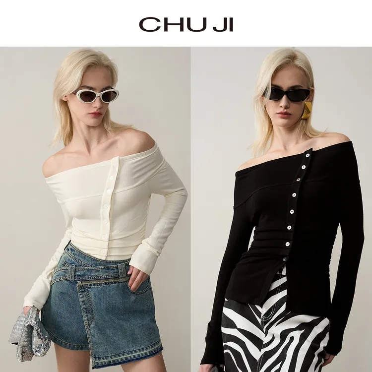 【朱圣祎同款】Chuji/出迹贝壳扣一字肩长袖针织衫上衣女E1Y1879T