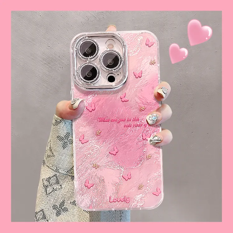 碎花蝴蝶适用苹果15华为vivo/oppo小米iPhone16精孔冰川纹手机壳