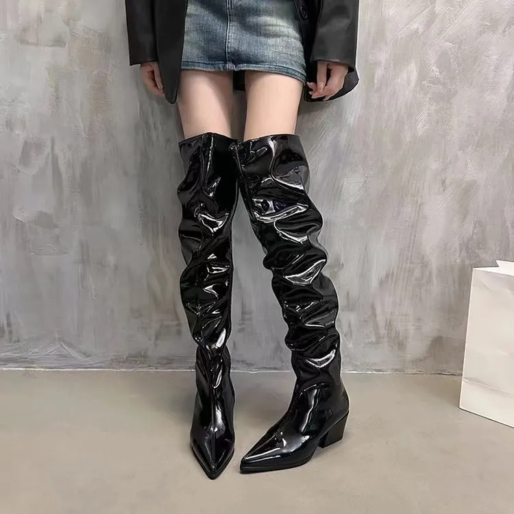 k08过膝女堆堆靴黑色2025秋冬新款粗跟高跟骑士靴长筒靴小个子