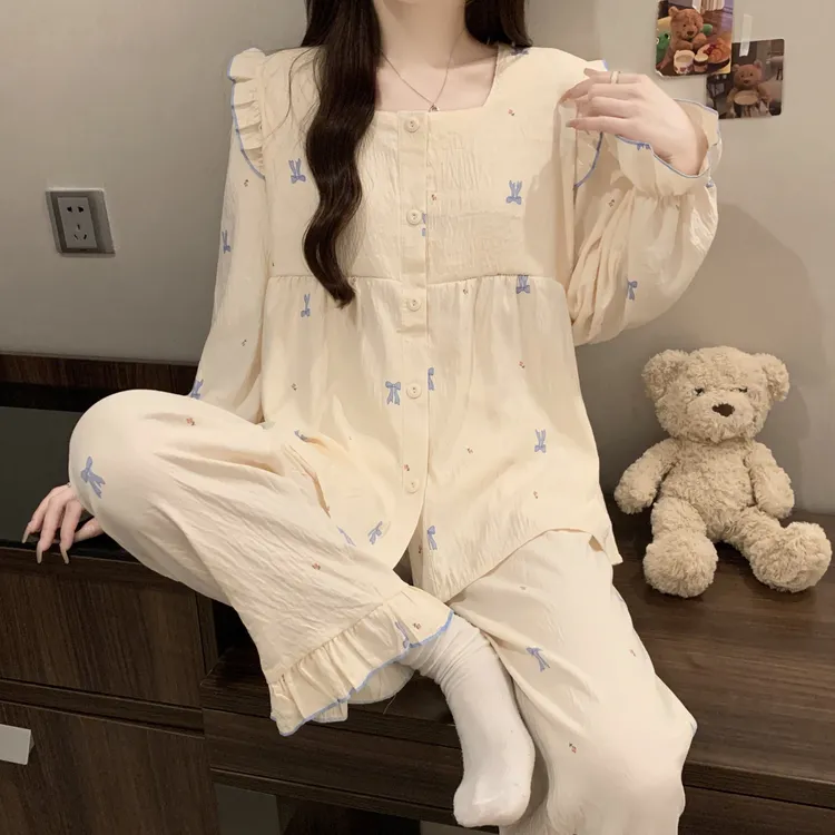 【带胸垫】韩系花边春秋季睡衣女长袖长裤云朵棉甜美可爱家居服新款