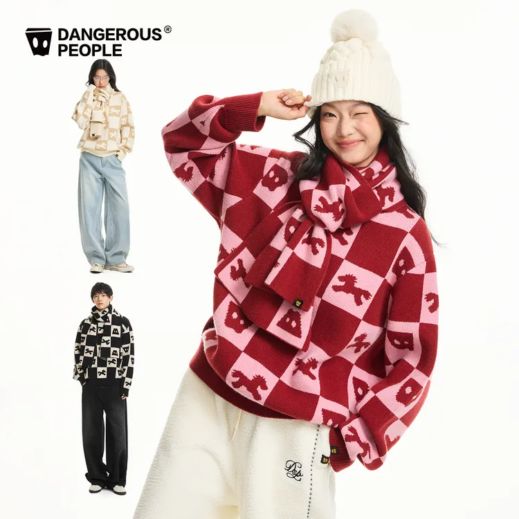 Dangerouspeople薛之谦dsp棋盘格小马针织衫纸袋头围巾百搭潮毛衣