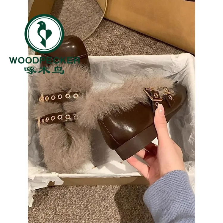 啄木鸟法式蝴蝶结玛丽珍单鞋女2025冬季新款加绒保暖毛毛棉鞋