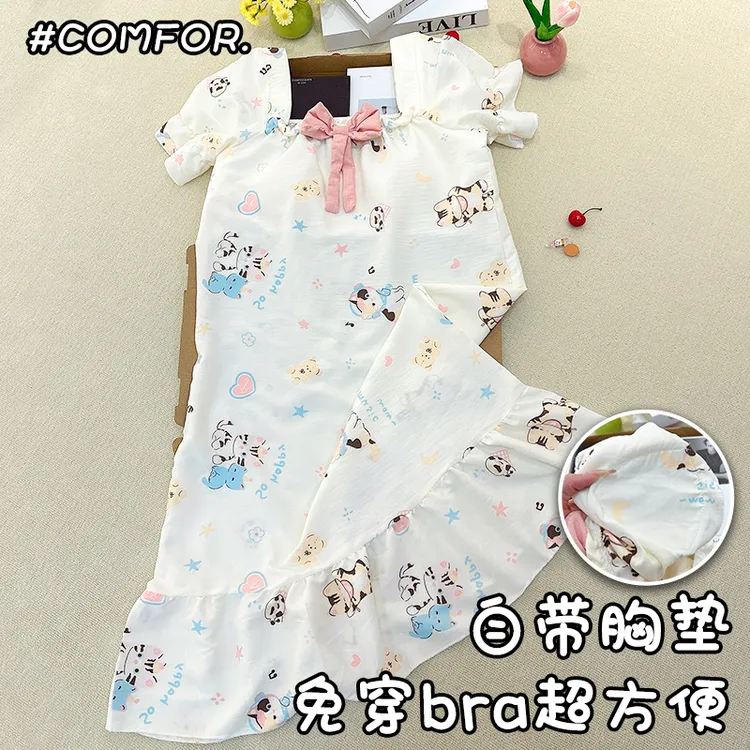带胸垫一体睡裙女款夏季2025新款云朵棉薄款卡通小猫印花家居服女