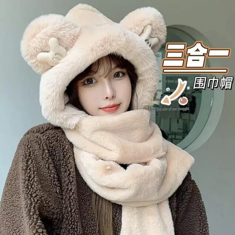 高品质亲子米奇款保暖三件套百搭连帽加绒加厚帽子围巾手套一体帽