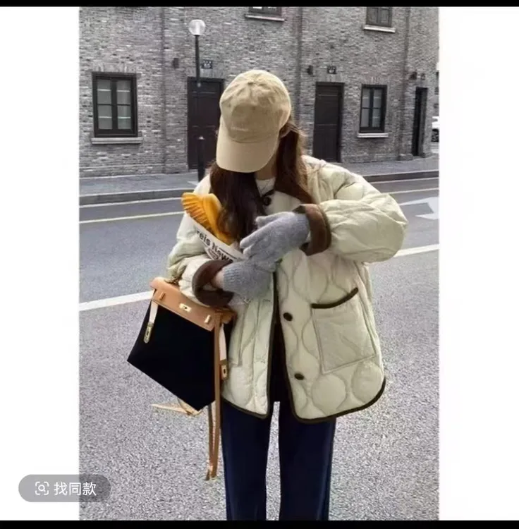 小香风大码棉服菱形格轻薄翻领棉衣2024年秋冬新款棉衣胖mm棉衣女