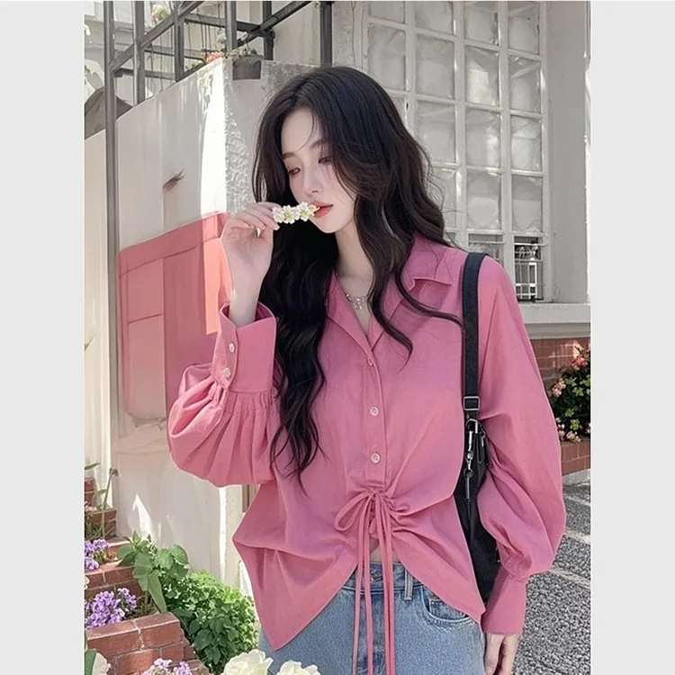 2025春季新款小衫超好看独特漂亮时髦设计感小众粉色抽绳长袖衬衫