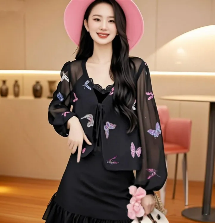（彩蝶）新款女士雪纺衫上衣蝴蝶印花外披小衫防晒外套