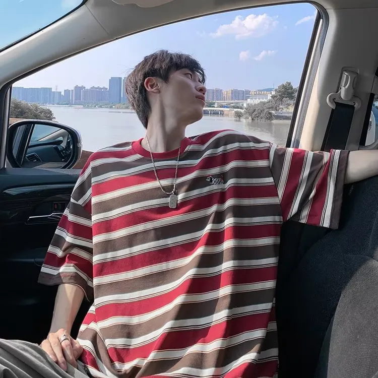 2025新款纯棉撞色条纹t恤短袖男款潮牌夏季休闲宽松上衣恤衫男