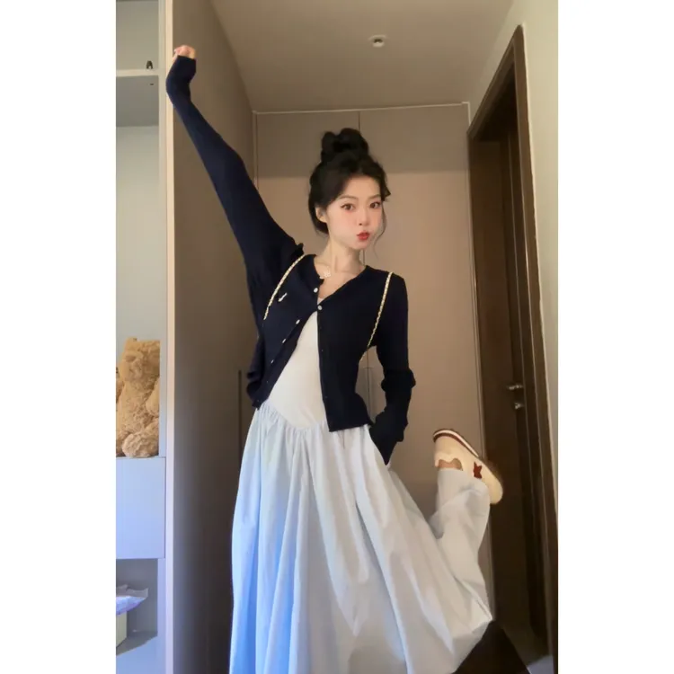 七分糖韩系修身麻花毛衣连衣裙女2025新款高腰显瘦长裙外套套装潮