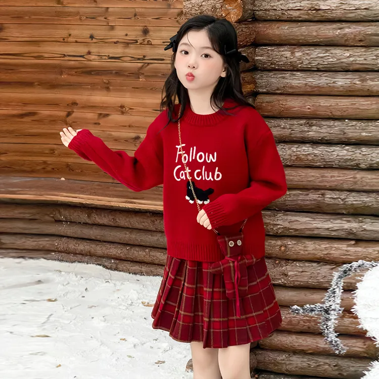 女童红色毛衣百褶裙拜年服套装2025新款冬季中大童超好看新年衣服