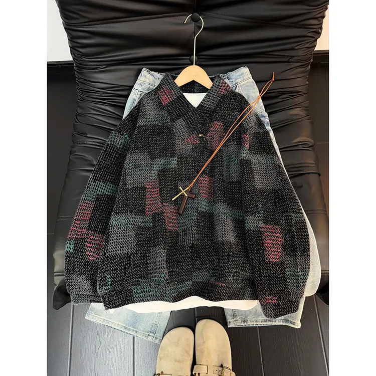 七彩格毛绒针织卫衣男款冬季重磅双层领外套cleanfit痞帅情侣上衣