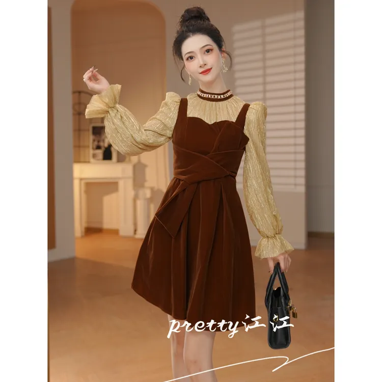 Pretty小众设计师品牌江江定制 秋季极简风高腰小众连衣裙31165