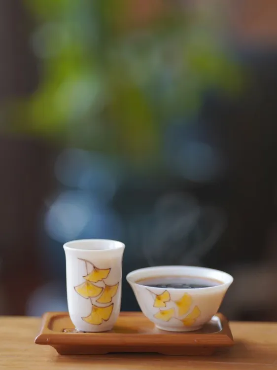 银杏叶中式品茗三件套家用（闻香杯、品茗杯、竹杯垫）茶具茶杯陶瓷品