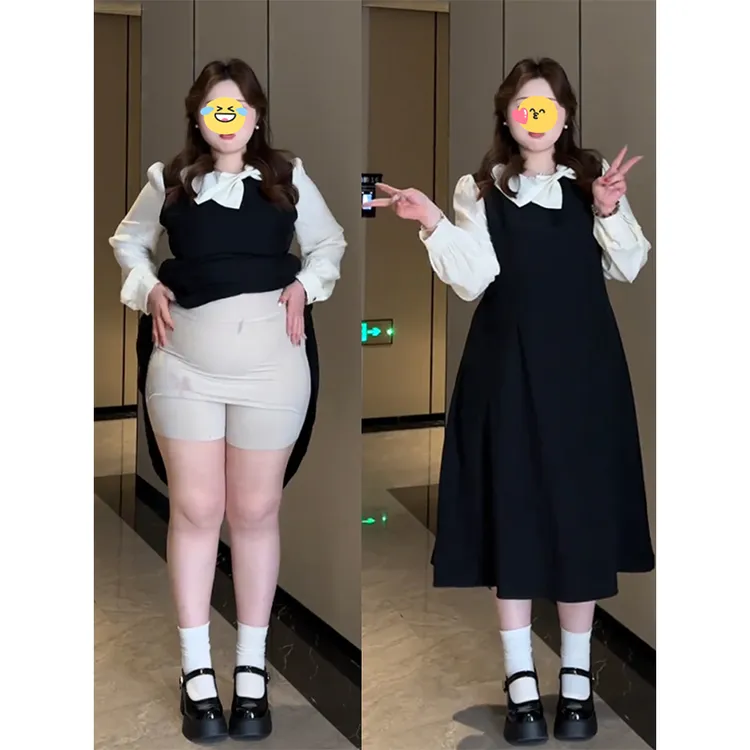 大码女装赫本风假两件黑色连衣裙女秋冬胖mm收腰显瘦气质A字长裙