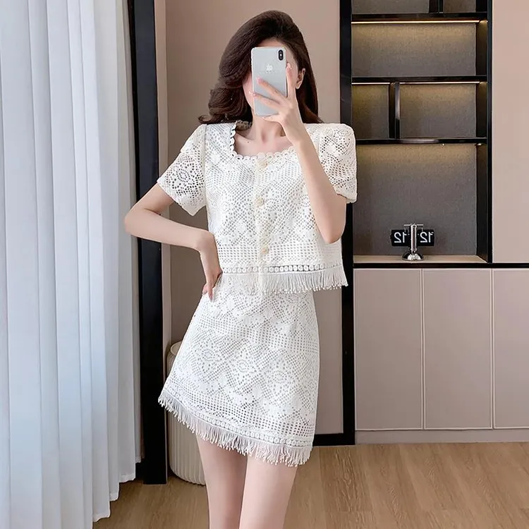 温柔风优雅甜美气质蕾丝流苏方领连衣裙套装设计感包臀长裙小礼服