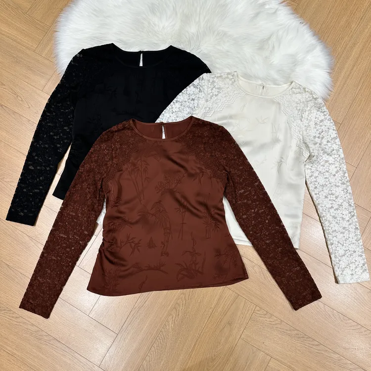 KiKi严选：18721-多米家南油欧货秋冬小众拼蕾丝高级感小衫长袖T