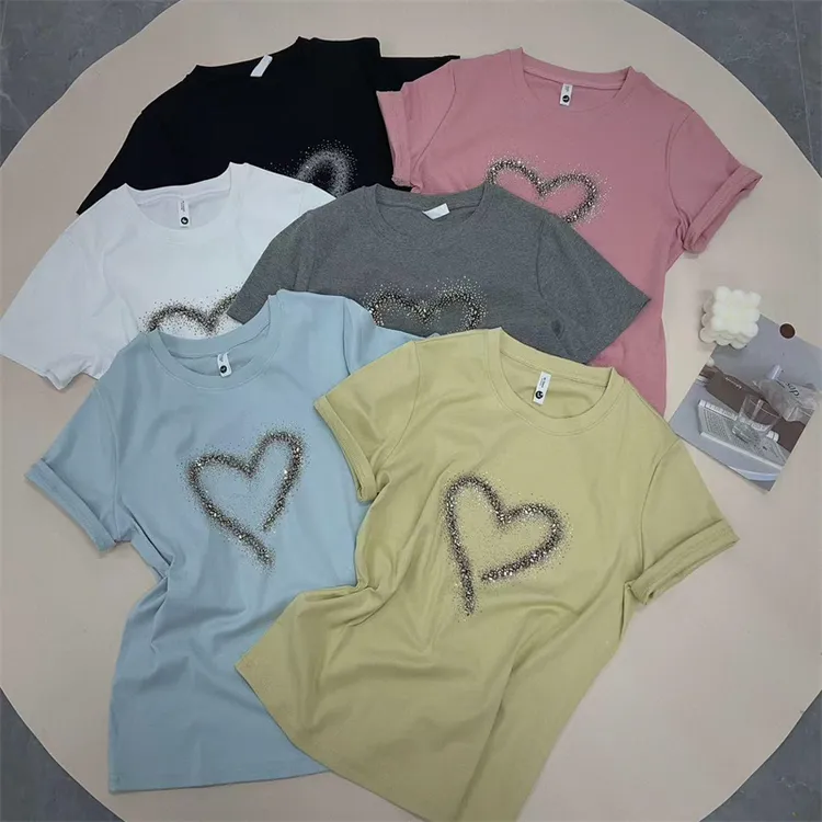《优麦汇》春款圆领高档烫钻设计感时尚百搭短袖显瘦上衣款女T恤