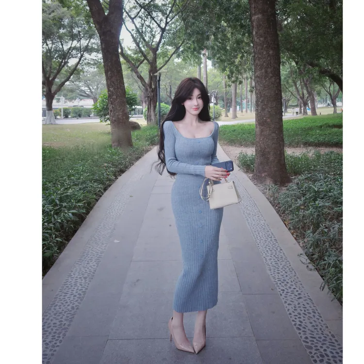 WW定制「雾海诗行」显瘦气质法式长款收腰修身网红小众设计感连衣裙