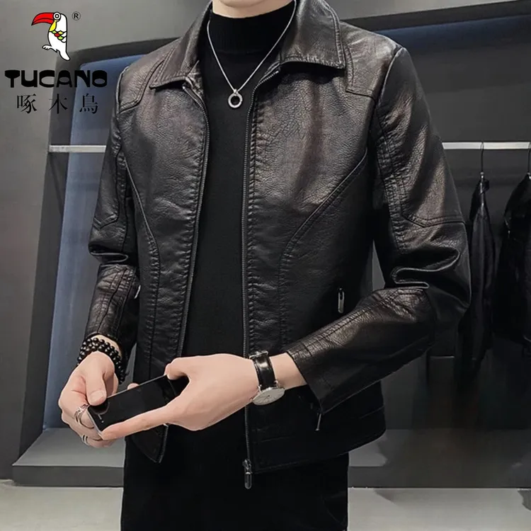 TUCANO/啄木鳥皮衣男士新款翻领机车服百搭 皮夹克外套加绒春秋季
