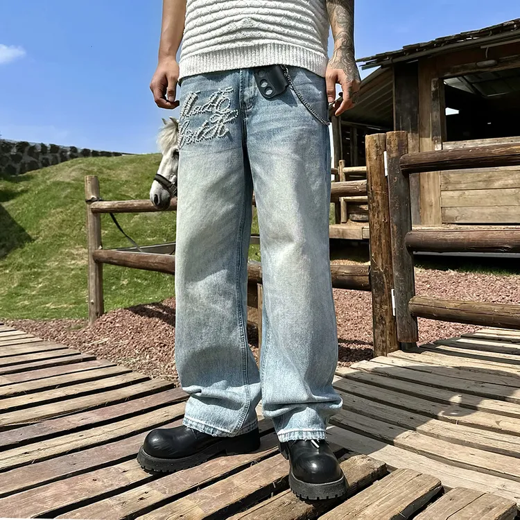 south 美式复古牛仔裤男女款水洗串珠松弛感设计宽松直筒拖地长裤