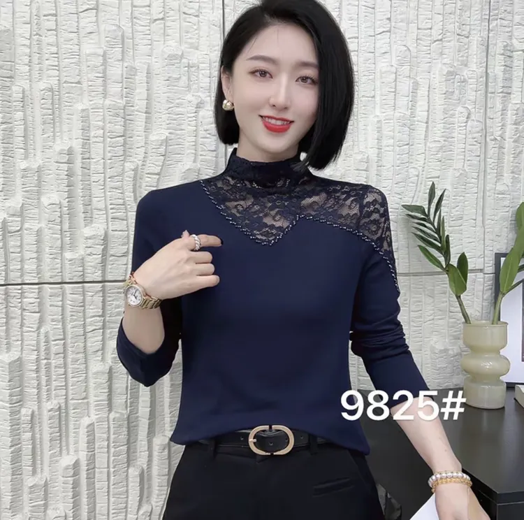 2025秋冬新品洋气时尚百搭显瘦长袖镂空半高领修身女打底上衣9825