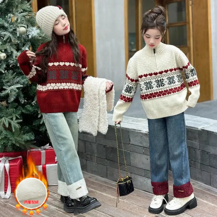 女童慵懒风冬季加绒加厚高领打底毛衣秋季高级感半拉链休闲上衣女