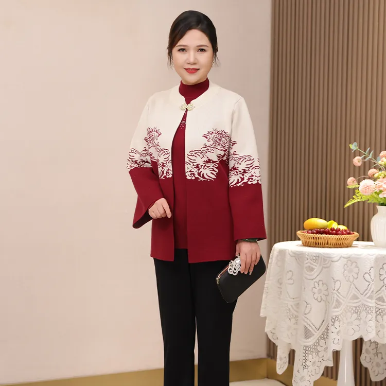 妈妈秋冬新款套装针织开衫毛衣半高领打底衫中老年奶奶衣服
